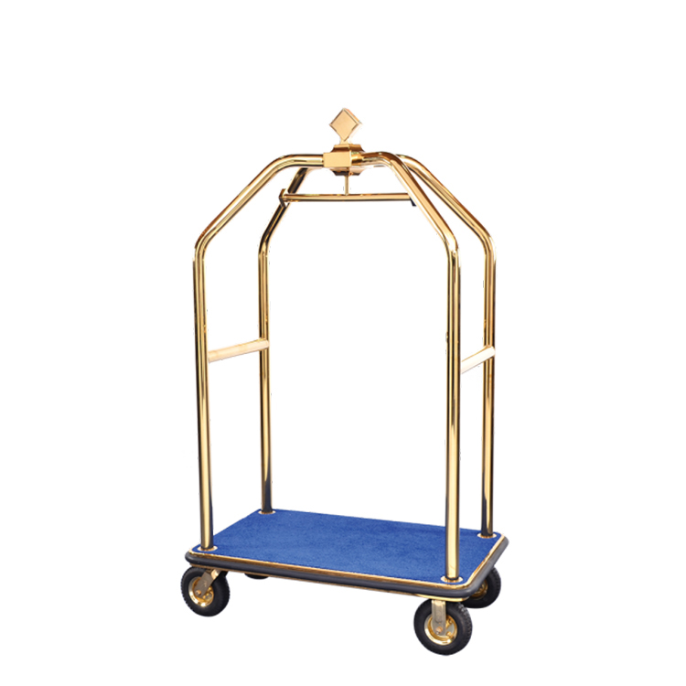 8''pneumatic Wheels Stainless Steel Gold Chrome Finish Blue Carpet Luggage Cart