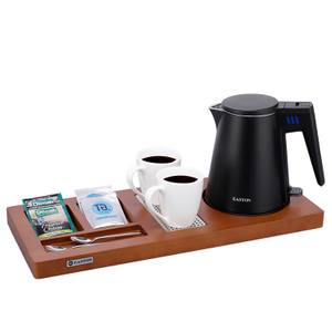 Hotel Hospitality Tray Electric Kettle 0.6L Dark Brown Beech Wood Tray 
